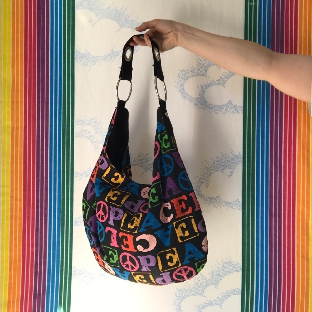 Y2K peace love text rainbow print hobo bag trendy